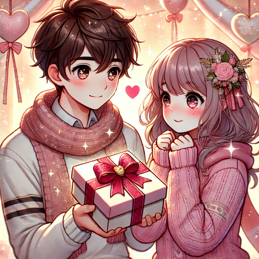 A super cute anime-style illustration of a romantic Valentine's Day scene with two young adults. A boy is shyly giving a beautifully wrapped pink gift box to a blushing girl. Both characters have expressive, sparkling eyes and charming features. They are dressed in cozy and stylish winter clothing, such as sweaters and scarves. The background is dreamy, featuring pastel tones, heart-shaped decorations, and a magical glow in the air. The mood is warm, romantic, and filled with love, capturing a heartfelt Valentine's moment.