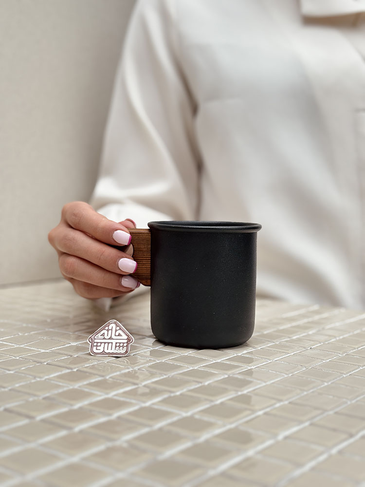 خرید ماگ لعابی دسته چوبی