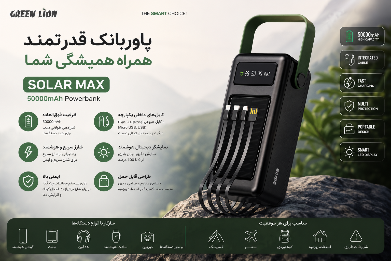 پاوربانک خورشیدی اورجینال 50000 میلی آمپر برند GREEN LION مدل SOLAR MAX کد003750 - تصویر 7