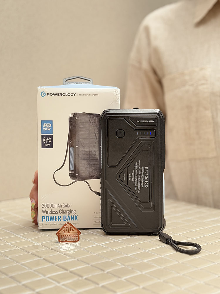 خرید پاوربانک اورجینال 20000 میلی آمپر برند POWEROLOGY مدل SOLAR WIRELESS CHARGING