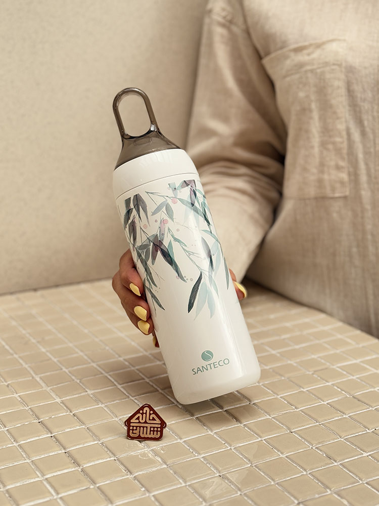 خرید بطری دوجداره 500 میل سفید طرح برگ برند SANTECO مدل YOGA